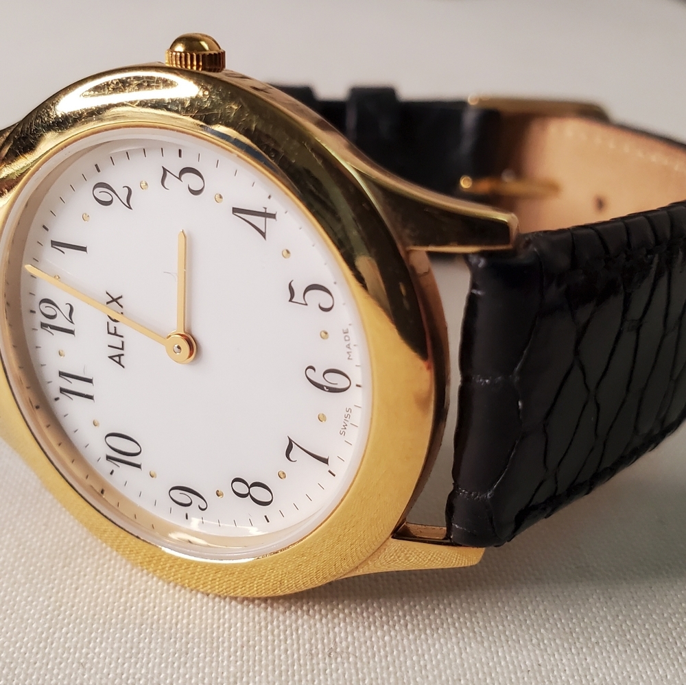 Alfex Swiss Made Gold toned Women's Wrist Watch with Genuine Black Leather Band